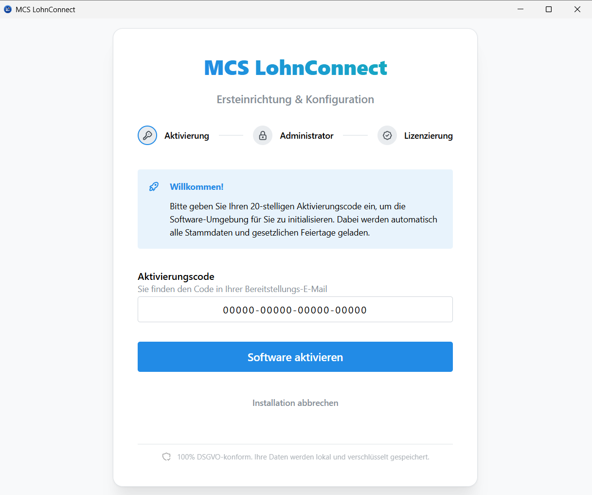 Aktivierungsansicht von LohnConnect